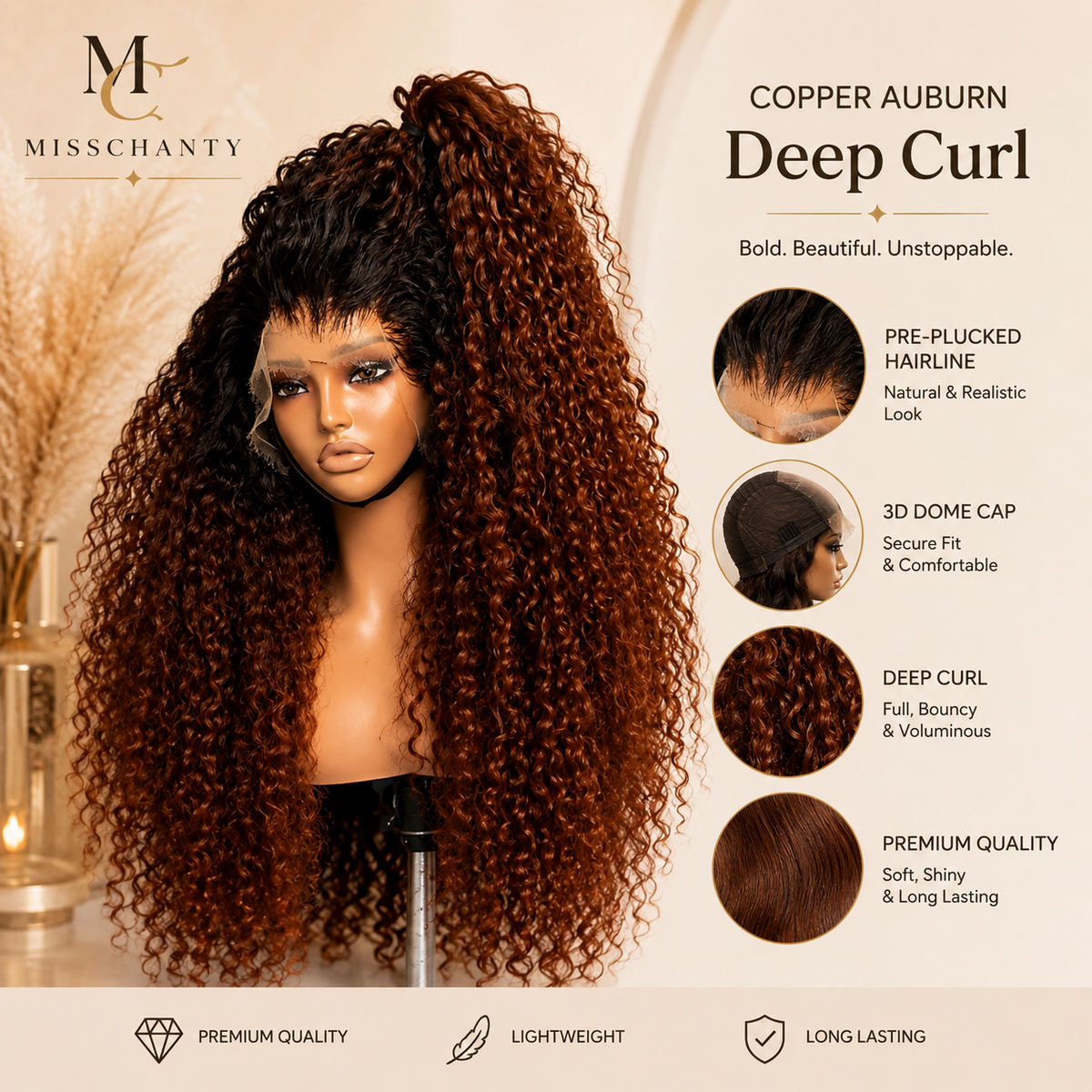 Volle Deep Curl krulstructuur Pruik (Diepe Copper Auburn kleur)